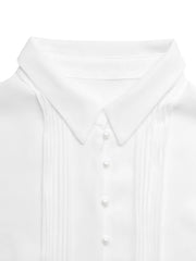 White cap sleeve midi dress with pintuck detail and pearl buttons