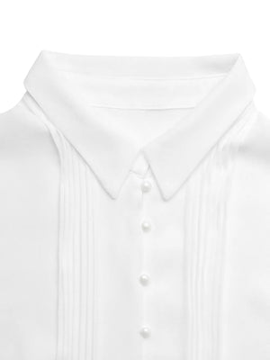 White cap sleeve midi dress with pintuck detail and pearl buttons