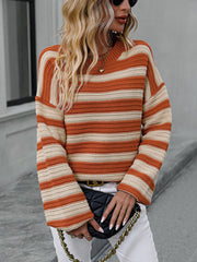 Chunky stripe relaxed fit knit sweater in burnt coral and cream acrylic with crew neck and bell sleeves.