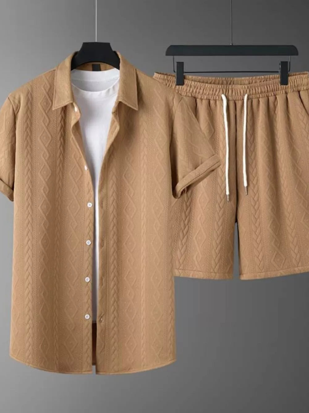 Khaki knit polo shirt and shorts set with diamond pattern and drawstring shorts.