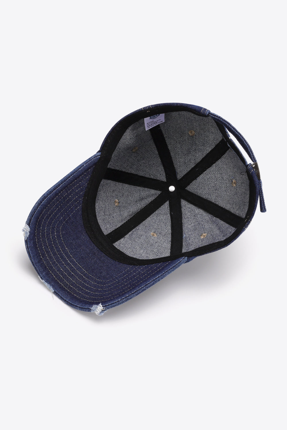 Dark Navy denim baseball cap with distressed brim and adjustable strap.