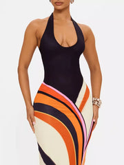 Elegant Halter Maxi Dress With Artistic Print