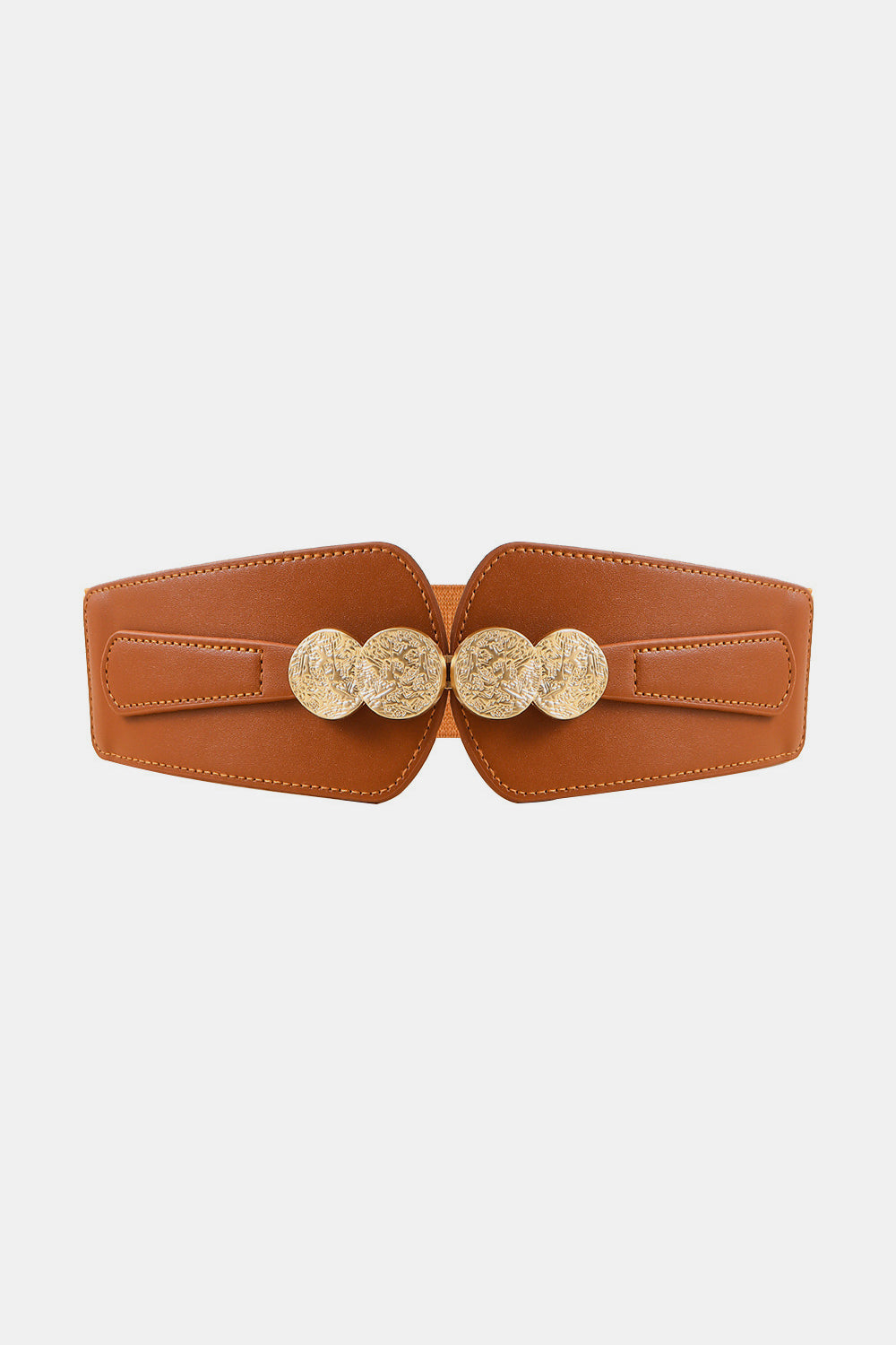 Caramel elastic belt with embossed gold oval clasp and faux leather trim