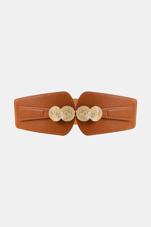 Caramel elastic belt with embossed gold oval clasp and faux leather trim