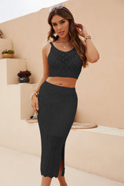 Black textured knit crop top and midi skirt set with a V-neck and side slit