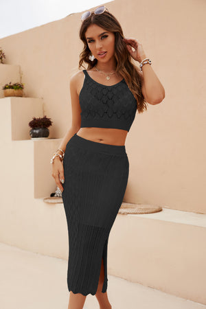 Black textured knit crop top and midi skirt set with a V-neck and side slit