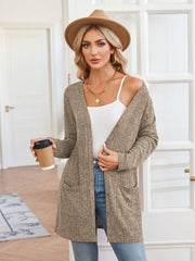 Textured ribbed knit button-down cardigan in Khaki with pockets and a relaxed fit.
