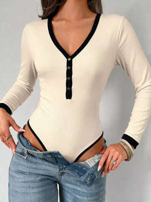 Ribbed V-neck Long Sleeve Bodysuit in Tan, model styling view