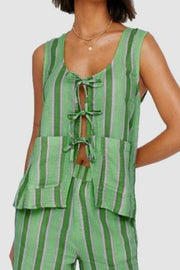 Green striped linen co-ord set with tie-front top and pocket detail