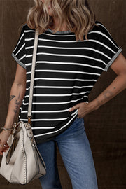 Black and white striped boxy tee with contrast trim neckline and sleeves.