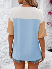 Mandy Color Pop T-Shirt in white, blue, and camel with short sleeves and a waffle knit texture.