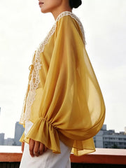 Sheer Lace-trimmed Front Tie Blouse in Khaki, model styling view