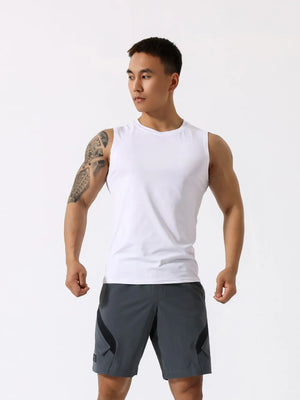 White crew neck sleeveless performance tank top with a breathable fabric.