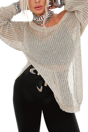 Off-shoulder metallic knit top in khaki with a V-neck and side slit detail.