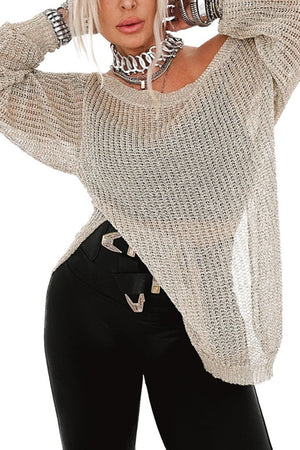Off-shoulder metallic knit top in khaki with a V-neck and side slit detail.