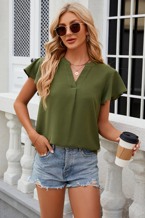 Light Green Flutter Sleeve V-Neck Blouse with short sleeves and a relaxed fit.
