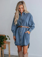 Medium wash denim shirtdress with button front, side slits, and belt