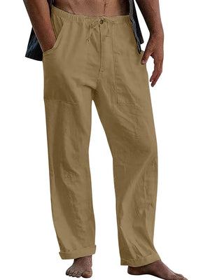 Full-Size Relaxed Linen Drawstring Trousers in Camel with cuffed hems and front pockets.