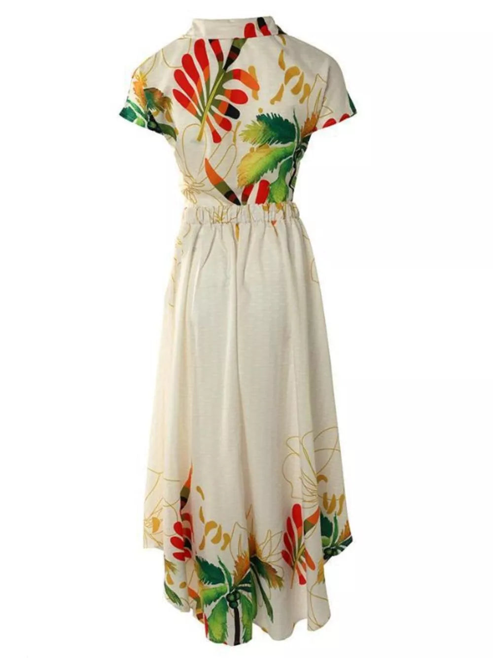 Tropical print crop top and a-line skirt set with elastic waist and short sleeves.