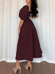 Burgundy midi dress with square neck and voluminous flutter sleeves, A-line skirt.