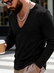 Black ribbed long sleeve t-shirt with deep V-neck