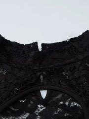 Black lace cutout mini dress with mock neck detail