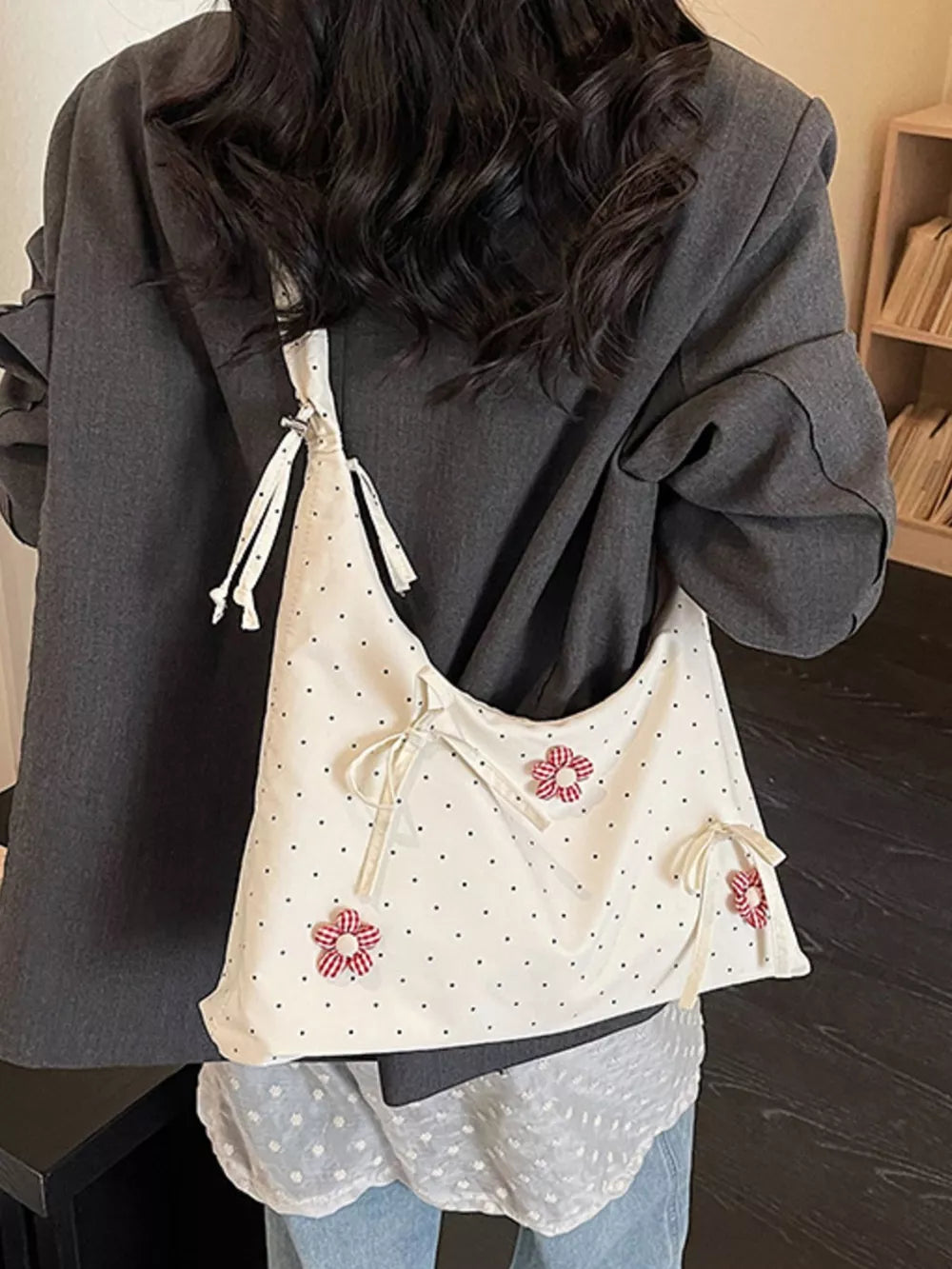 Floral Embellished Shoulder Bag in Cream, side view