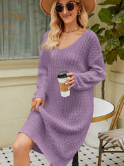 Lavender textured knit v-neck midi dress with long sleeves and a relaxed fit.