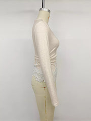 Lace Trim Long Sleeve T-shirt in Eggshell, view 11