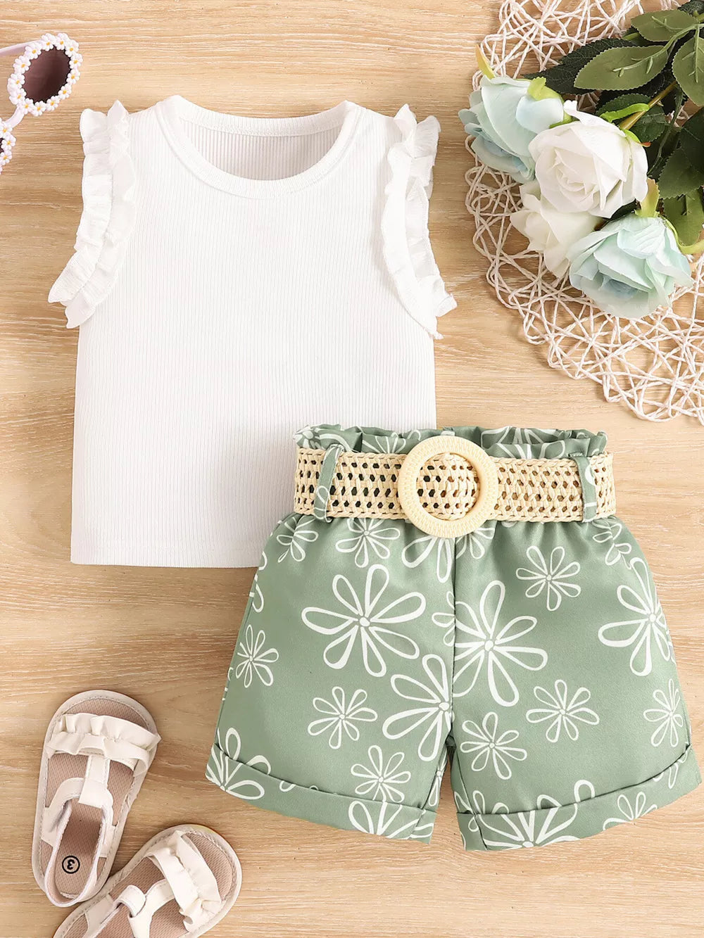 Children's Frill Sleeveless Top And Belt Shorts Set, front view