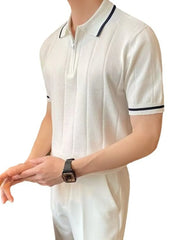 Ivory ribbed knit zip polo with contrast trim on collar and sleeves