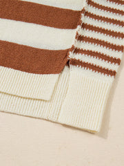 Patchwork drop shoulder sweater in caramel and cream stripes with ribbed cuffs and hem detail.