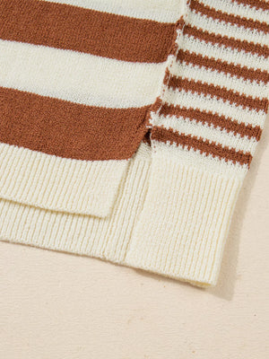 Patchwork drop shoulder sweater in caramel and cream stripes with ribbed cuffs and hem detail.