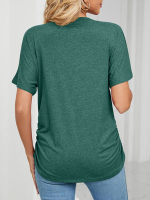 Dark green V-neck t-shirt with short sleeves and ruched side detail.