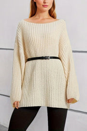 Cream ribbed knit oversized belted mini dress with boat neck and long sleeves.