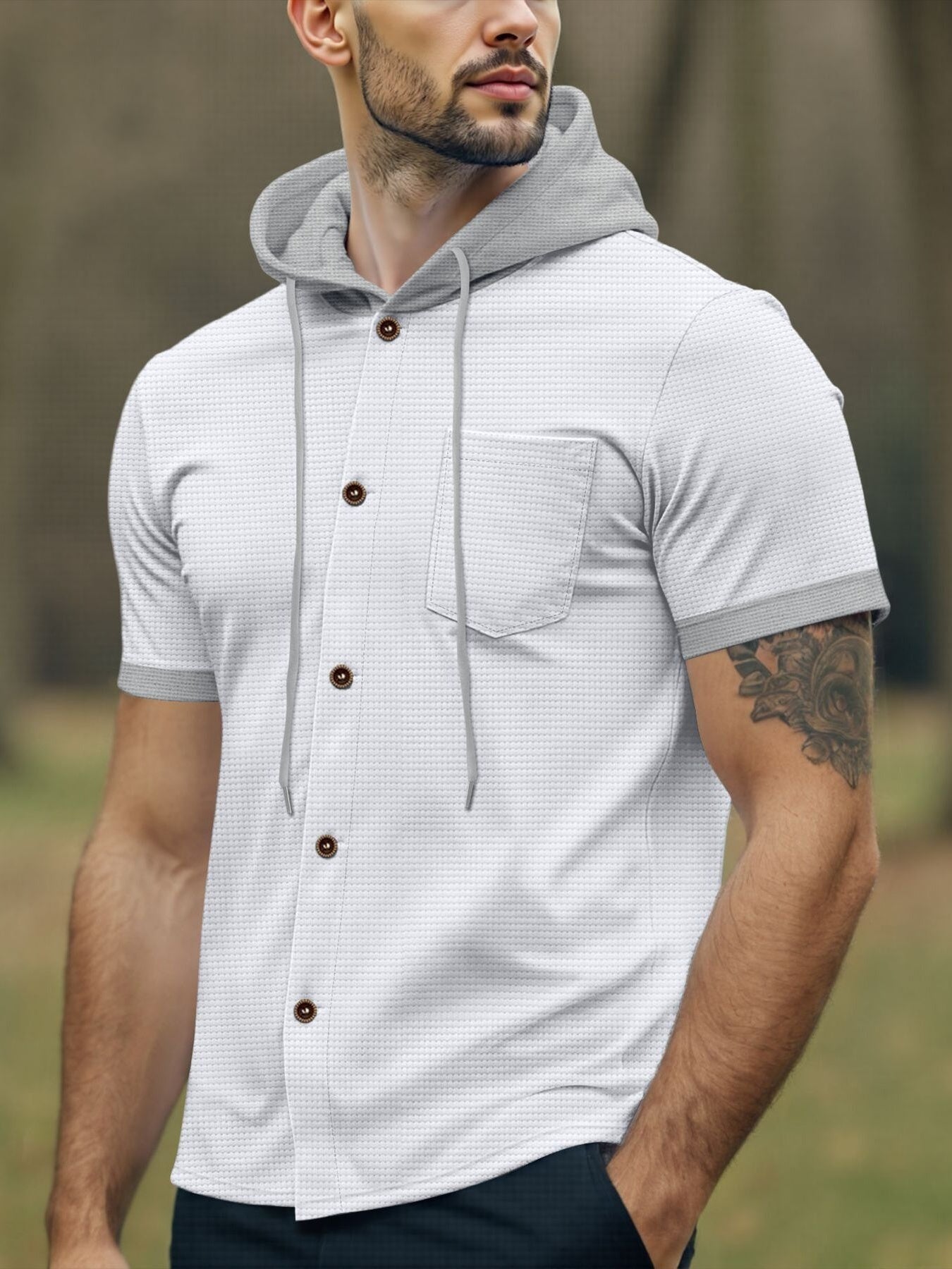 White short sleeve hooded button-down shirt with grey trim and drawstring.