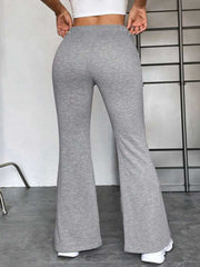 Heather gray flare leg lounge trousers with drawstring waist and casual fit.