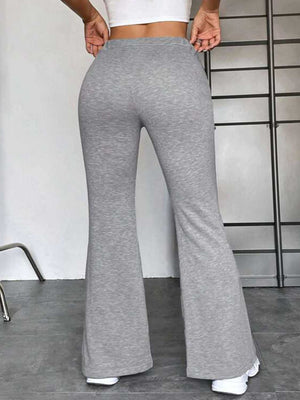 Heather gray flare leg lounge trousers with drawstring waist and casual fit.