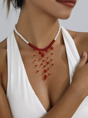 18k Gold-plated Synthetic Pearl Dangle Necklace in Deep Red, front view