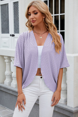 Lavender open-front crochet kimono sleeve top with a circular pattern.