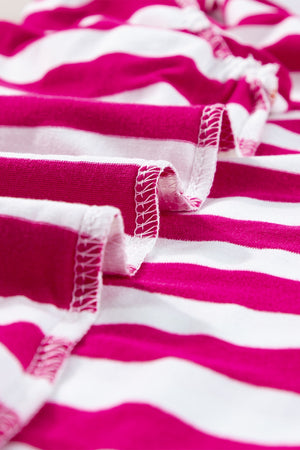 Striped tee with flutter sleeves and contrast trim, featuring pink and white stripes.