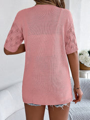 Open-knit leaf motif short sleeve cardigan in watermelon pink acrylic with a relaxed fit.