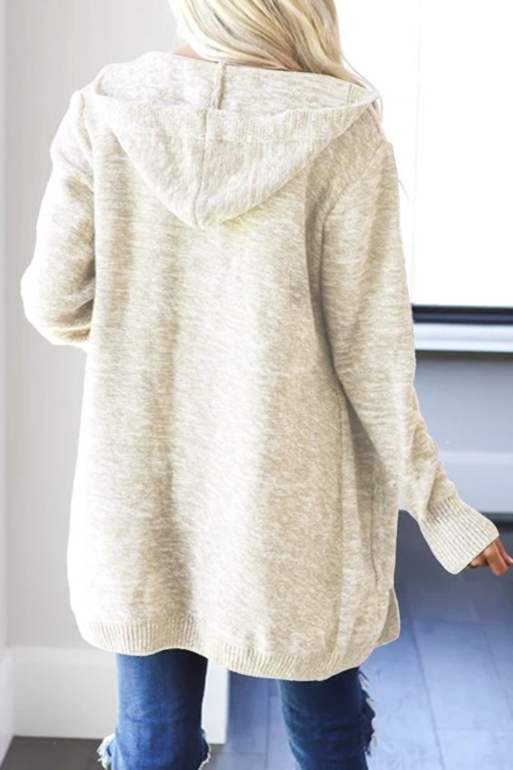 Beige heathered knit open cardigan with hood, long sleeves, and ribbed cuffs.