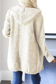 Beige heathered knit open cardigan with hood, long sleeves, and ribbed cuffs.