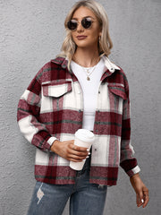 Overshirt with burgundy, white, and grey plaid pattern, button-up front, and chest pockets.