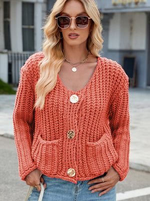 Chunky knit cardigan in orange with gold buttons and pockets