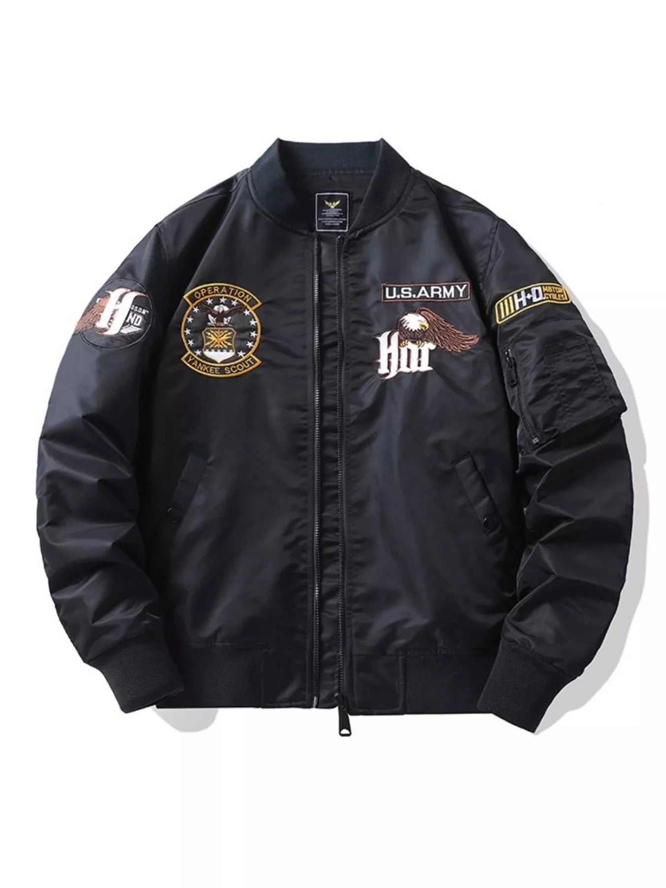 Black embroidered bomber jacket with U.S. Army and eagle patches, zip front, and ribbed cuffs.