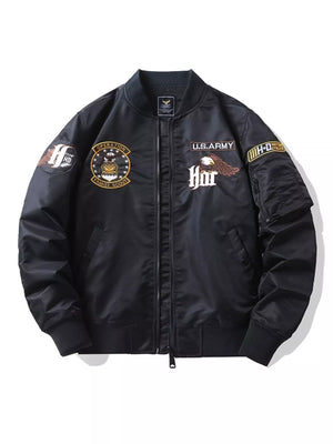 Black embroidered bomber jacket with U.S. Army and eagle patches, zip front, and ribbed cuffs.