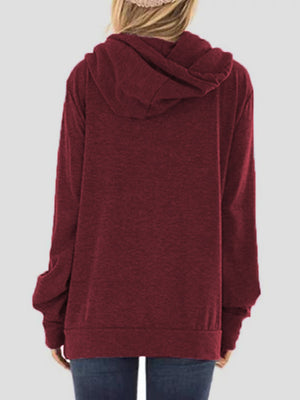 Burgundy cowl neck hoodie with long sleeves and a relaxed fit.
