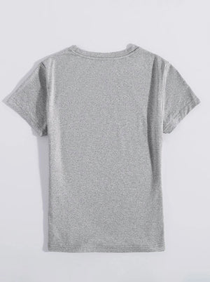 Gray crewneck t-shirt with short sleeves, 100% polyester, basic casual style